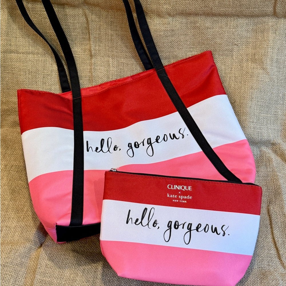 Kate Spade Striped Tote & Pouch Set with Clinique Lip Balm & Eyeliner